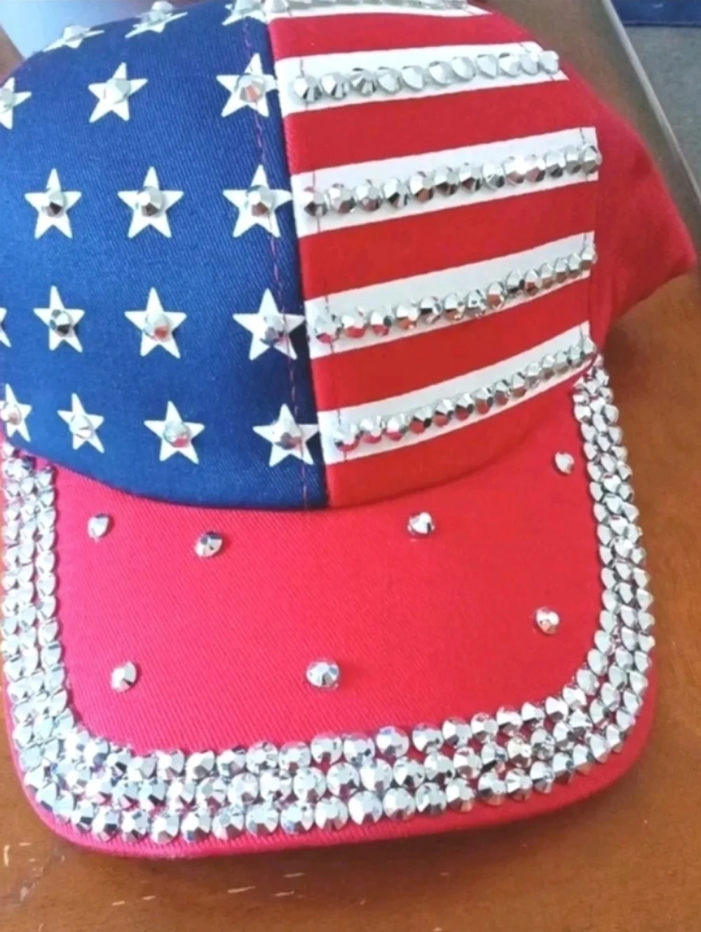 Embellished American Flag Baseball Cap - Red